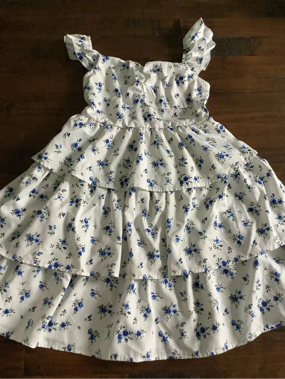 RoseSeek Girls Floral Summer Ruffle Tiered Dress Blue White, 12 Years